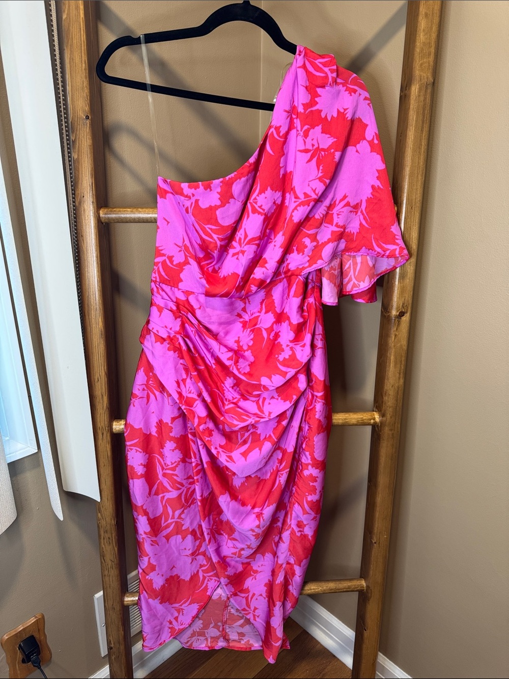 One-Shoulder Pink & Red Floral Draped Women's Dress